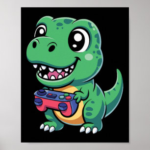 Affiche T-Rex heureux avec manette de jeu Dino T mignon jo