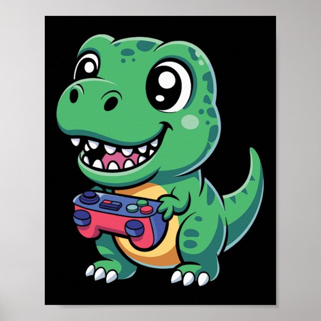 Affiche T-Rex heureux avec manette de jeu Dino T mignon jo (Devant)