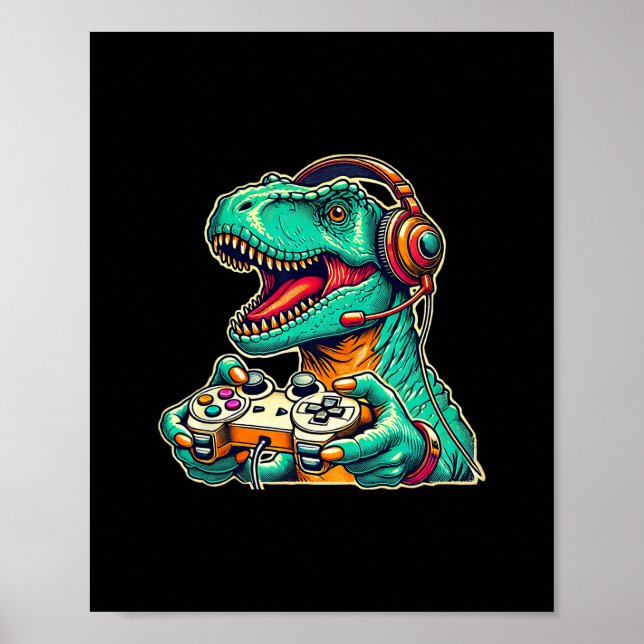 Affiche T-rex jeu avec casque audio Dinosaure drôle Graphi (Devant)