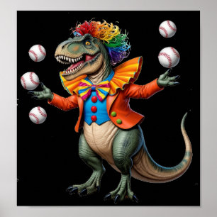 Affiche T-rex portant tenue clown et baseball jonglant