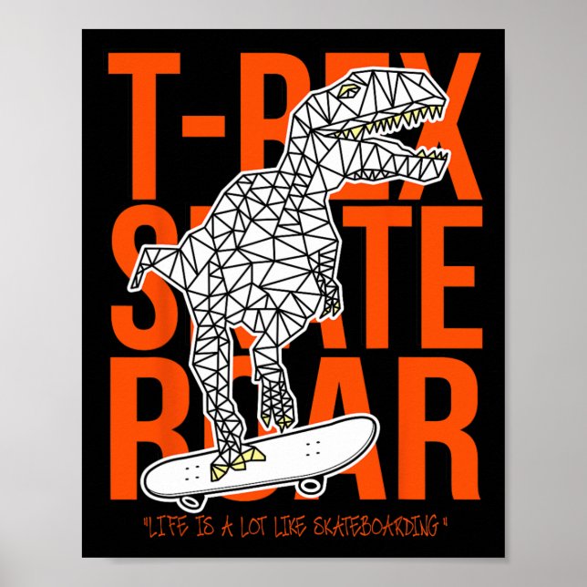 Affiche T-rex Skate Rugissement Dessin Drôle de Dinosaure  (Devant)