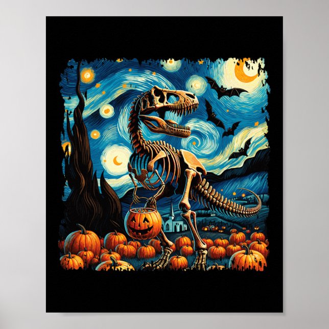 Affiche T-rex Skeleton Halloween Van Gogh Starry Night Fal (Devant)