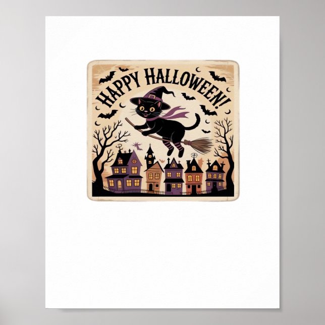 Affiche T-shirt classique Happy Halloween Black Cat Witch (Devant)