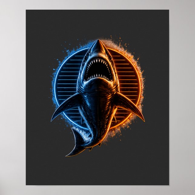 Affiche T-shirt graphique bleu et orange avec requin | Fie (Devant)