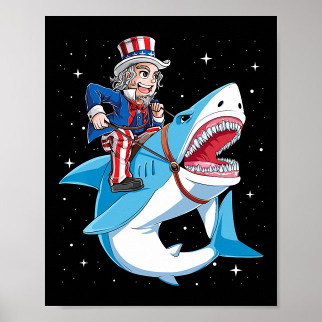 Affiche T-shirt Oncle Sam à cheval sur un requin 4 juillet (Devant)