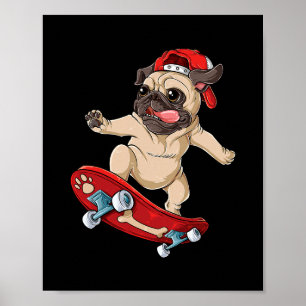 Affiche T Shirt Pug Skateboard Chien Drôle Skateur Planche
