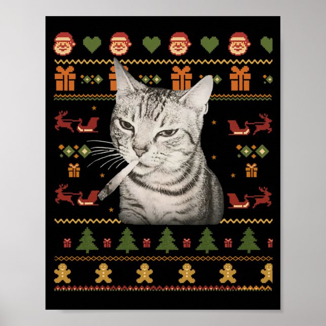 Affiche T-shirts drôles de chat qui fume pour Noël Ugly Sw (Devant)