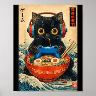 Affiche T-shirts graphiques drôles japonais Ramen de chat