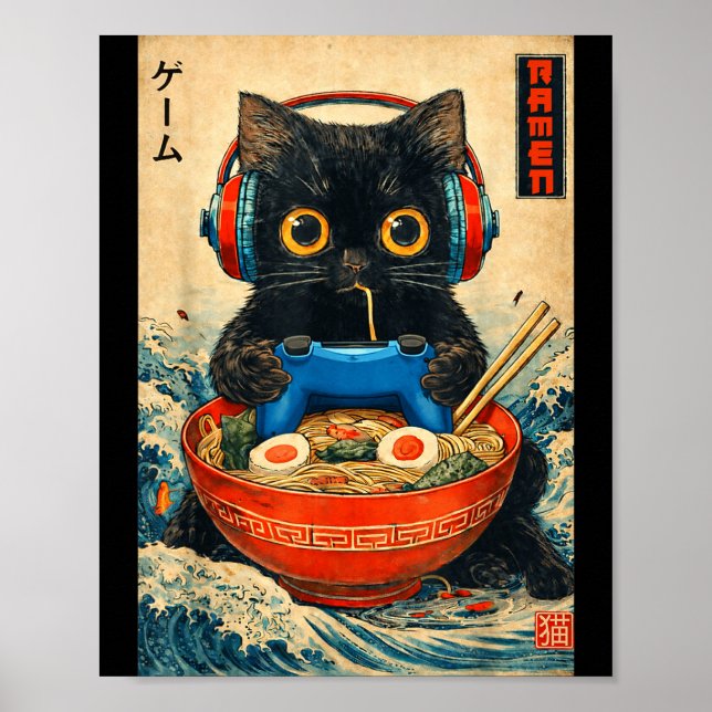 Affiche T-shirts graphiques drôles japonais Ramen de chat  (Devant)