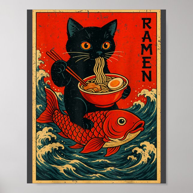 Affiche T-shirts graphiques japonais Ramen Chat Noir pour  (Devant)