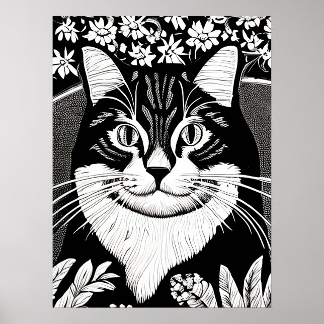 Affiche Tabby Cat entouré de fleurs (Devant)
