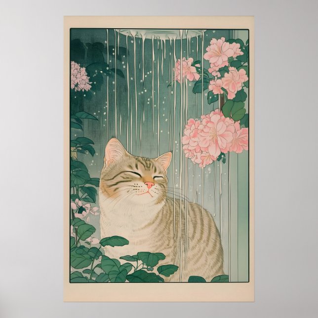 Affiche Tabby Cat Shower Print Ukiyo-e Botanical Bathroom (Devant)