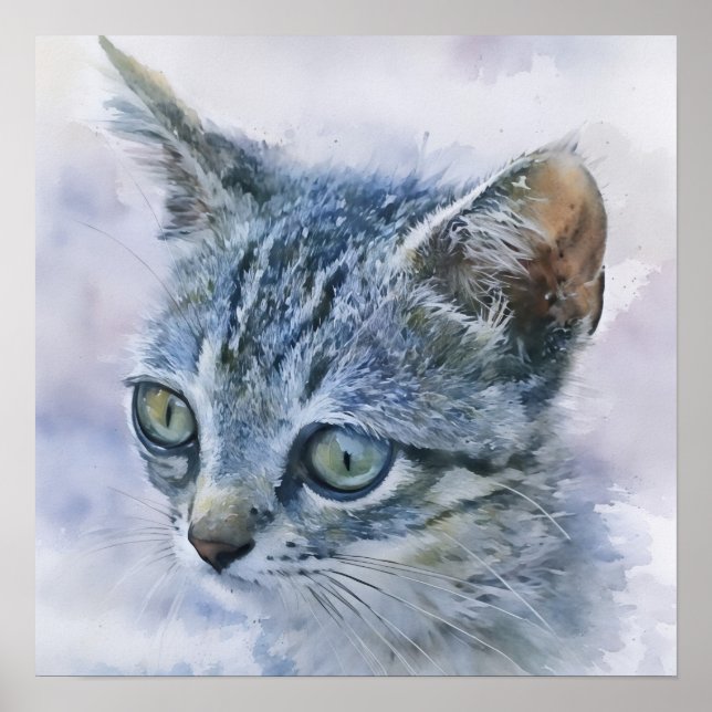 Affiche Tabby Gris Kitten Aquarelle Style Art (Devant)