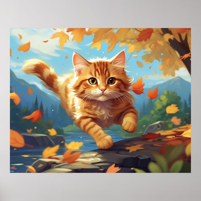 Affiche *~* Tabby Jump Fall Leaves Kitten 5:4 Cat AP68 (Devant)