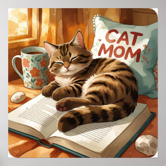 Affiche Tabby sur un livre - Aquarelle Amoureux des chats