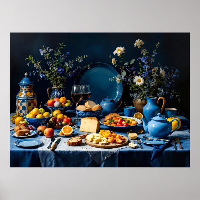Affiche Table bleue Vie morte avec Fruit, Fromage et Flux (Devant)