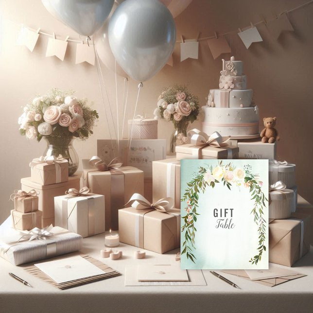 Affiche Table Cadeau Vert Rose Bébé Saupoudrer Douche (Créateur téléchargé)