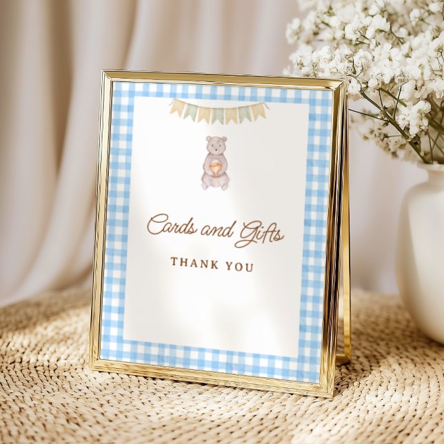 Affiche Table de réception de Baby Shower Rustique Ours Bl (Rustic Bear Blue Gingham Tabletop Sign)