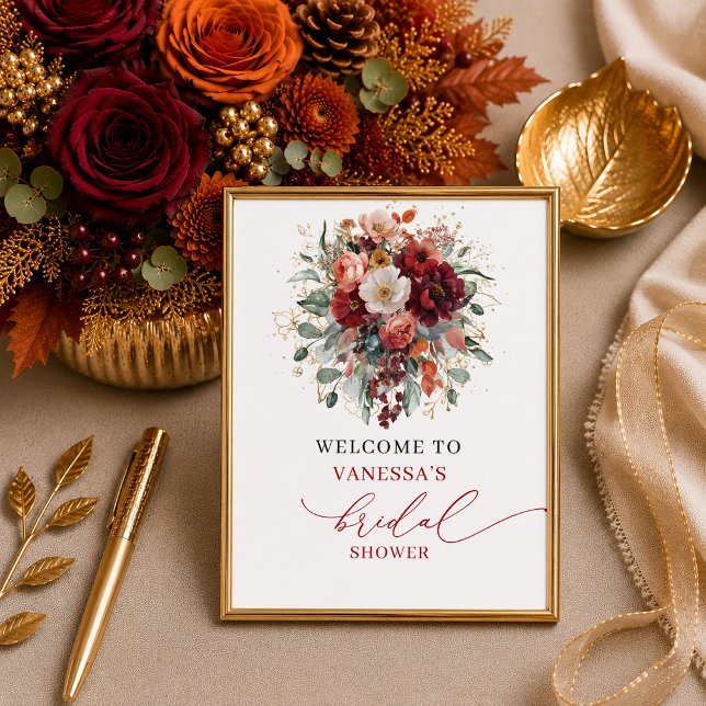 Affiche Table de réception de mariage florale orange brûlé (Modern burnt orange floral bridal shower tabletop sign

)