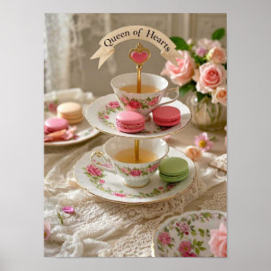 Affiche Table fleurie, tasses d'eau, plateaux en gradins m