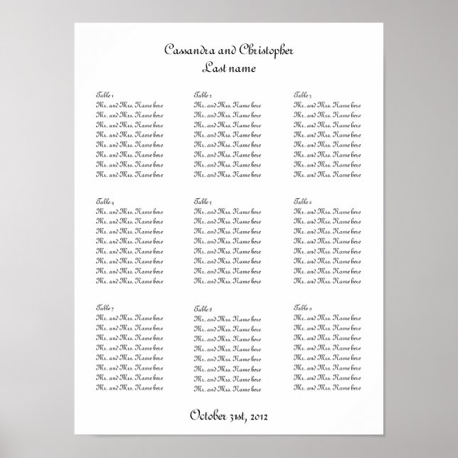 Affiche Table mariage en script simple élégante (Devant)