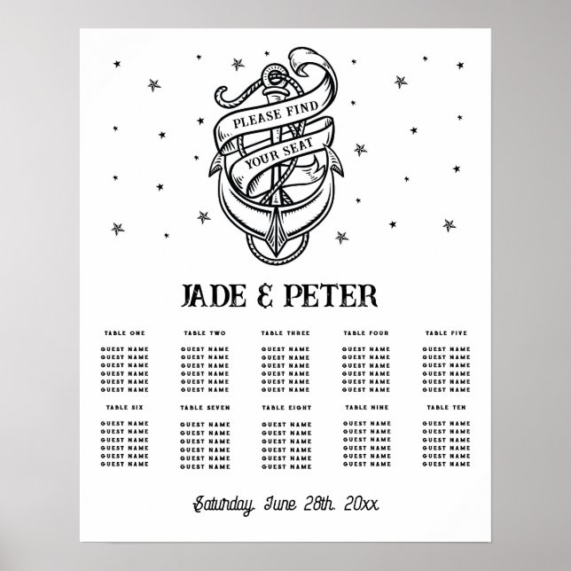 Affiche Table Mariage Siège 10 Ancre traditionnelle de tat (Devant)