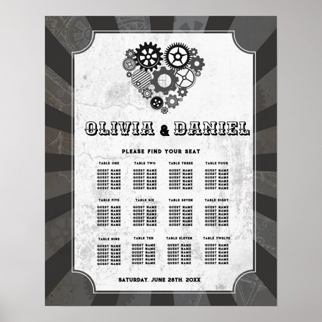 Affiche Table Mariage Siège 12 Coeurs Mariages Steampunk (Devant)