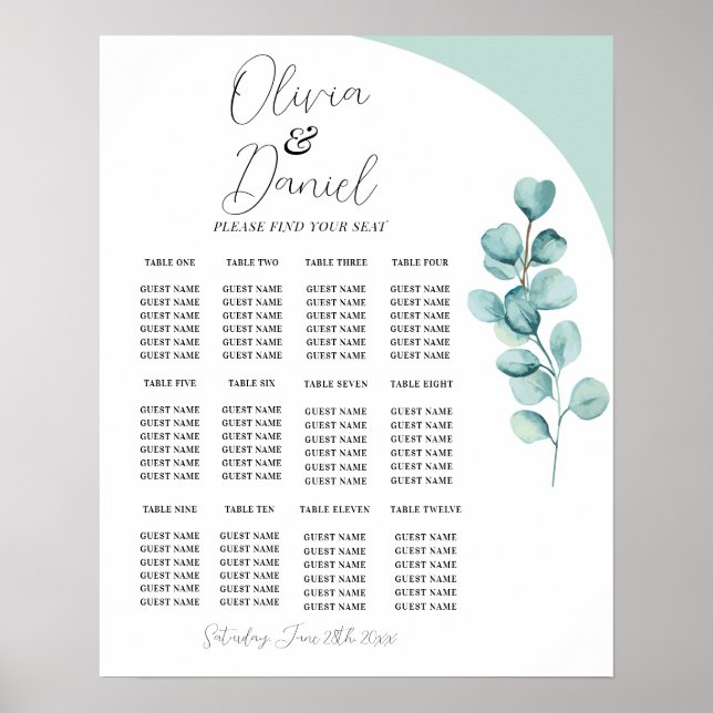 Affiche Table Mariage Siège 12 Eucalyptus Feuille Vert (Devant)