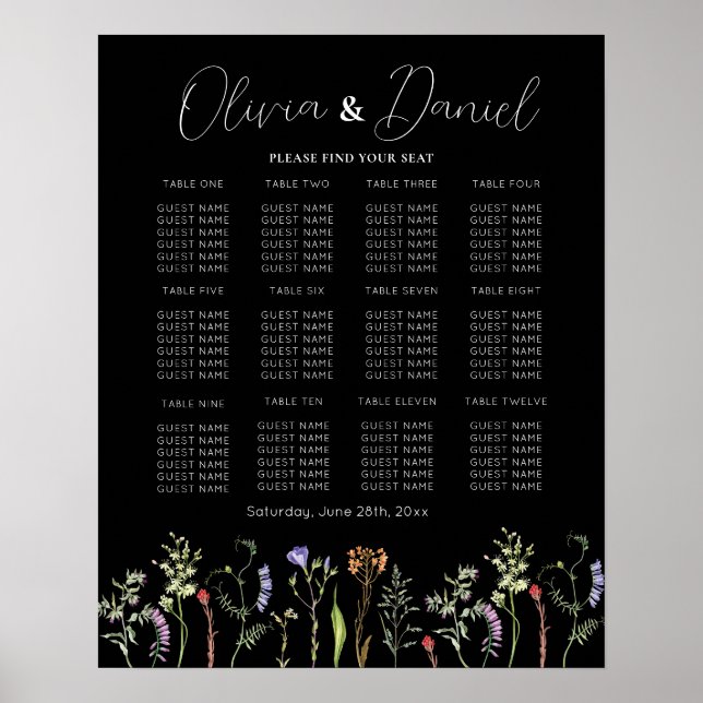 Affiche Table Mariage Siège 12 Fleurs sauvages Floral Dark (Devant)