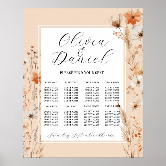 Affiche Table Mariage Siège 8 Boho Florals Bohème (Devant)