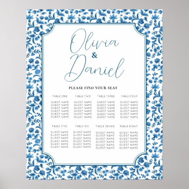 Affiche Table Mariage Siège 8 Chintz Bleu & Blanc Floral (Devant)