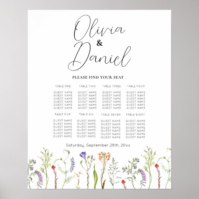 Affiche Table Mariage Siège 8 Fleur sauvage Floral (Devant)
