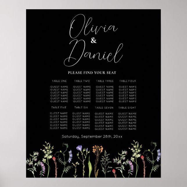 Affiche Table Mariage Siège 8 Fleur sauvage Floral Dark (Devant)
