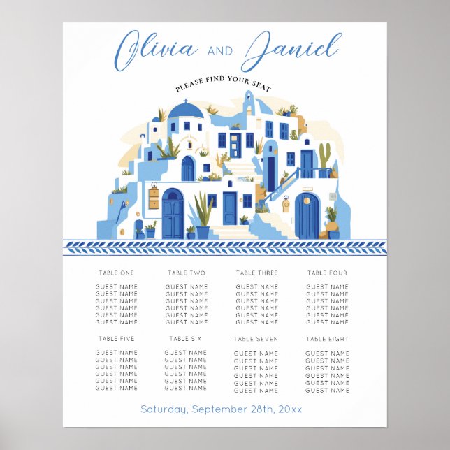 Affiche Table Mariage Siège 8 Santorin Grèce Bleu (Devant)