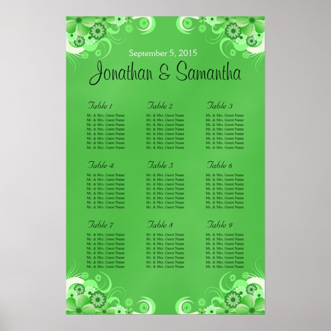 Affiche Tableaux de Mariage de table en fleurs vert foncé (Devant)
