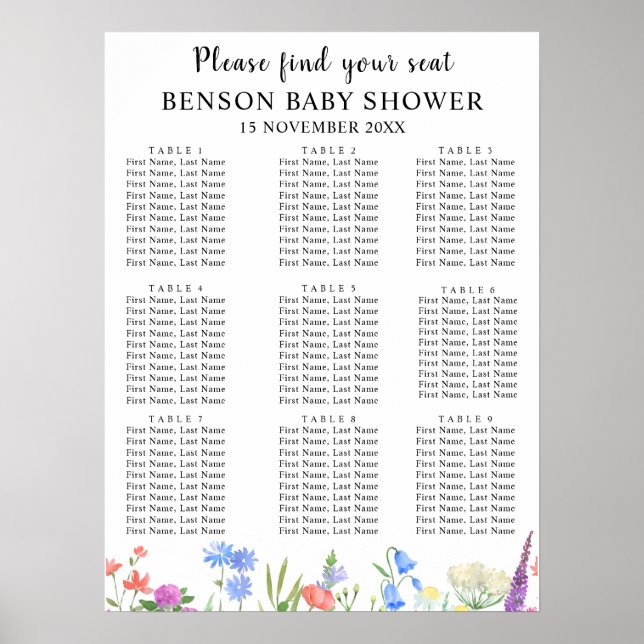 Affiche Tableaux de placement pour Baby Shower aux fleurs  (Devant)
