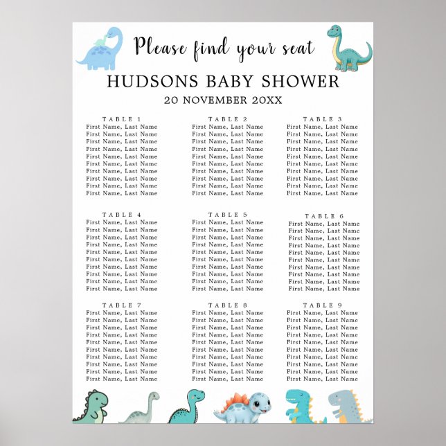 Affiche Tableaux de Siège pour Baby Shower avec Petit Dino (Devant)