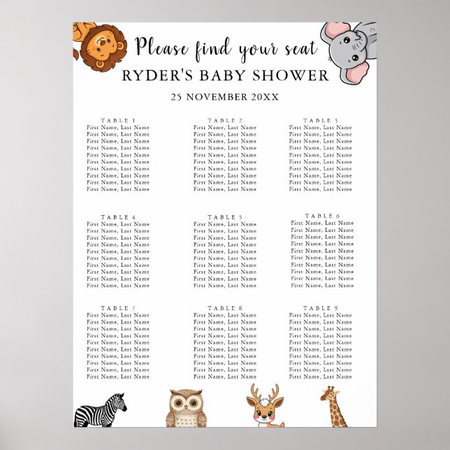 Affiche Tableaux de Siège pour Baby Shower sur les Animaux (Devant)