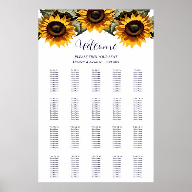 Affiche Tableaux de sièges mariages de tournesols Jaune (Devant)