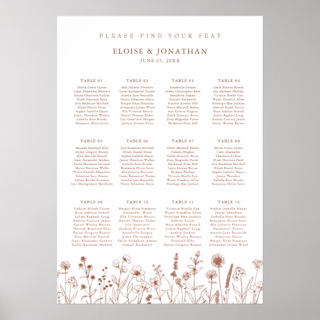 Affiche Tablette de Mariage floral rustique en terre cuite (Devant)