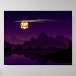 Affiche Tablette de Pleine lune D20 dés de nuit violet RPG
