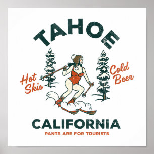 Affiche Tahoe, Californie Funny Retro Ski & Beer Art