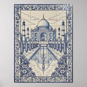 Affiche Taj Mahal Inde Bleu Art Portugais Azulejo