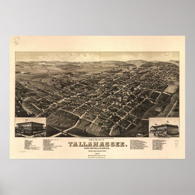Affiche Tallahassee Floride 1885 Antique carte panoramique (Devant)