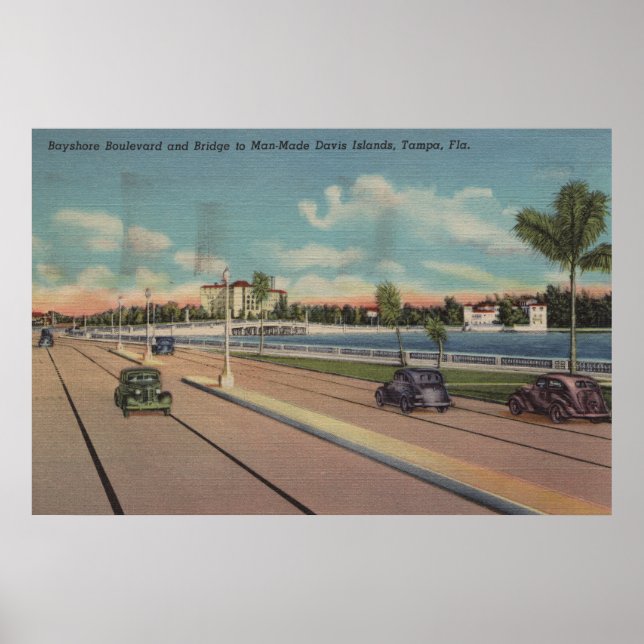 Affiche Tampa, FL - Vue sur Bayshore Blvd, Bridge (Devant)