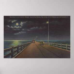 Affiche Tampa, Florida - Moonlit View of Gandy Bridge