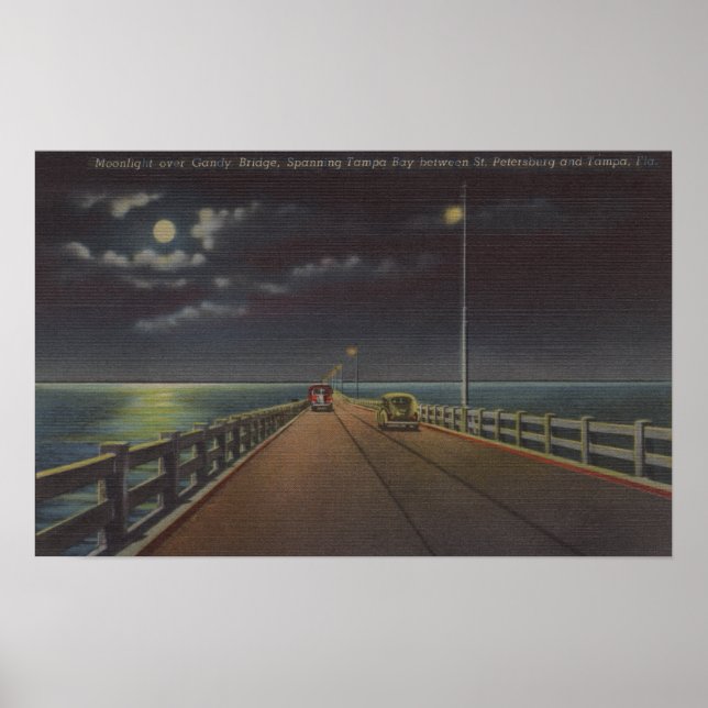 Affiche Tampa, Florida - Moonlit View of Gandy Bridge (Devant)
