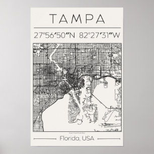 Affiche Tampa Floride Carte de Ville au Charbon de Bois Po