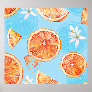 Affiche Tangerines Aquarelle : Bleu Tissu Luxueux