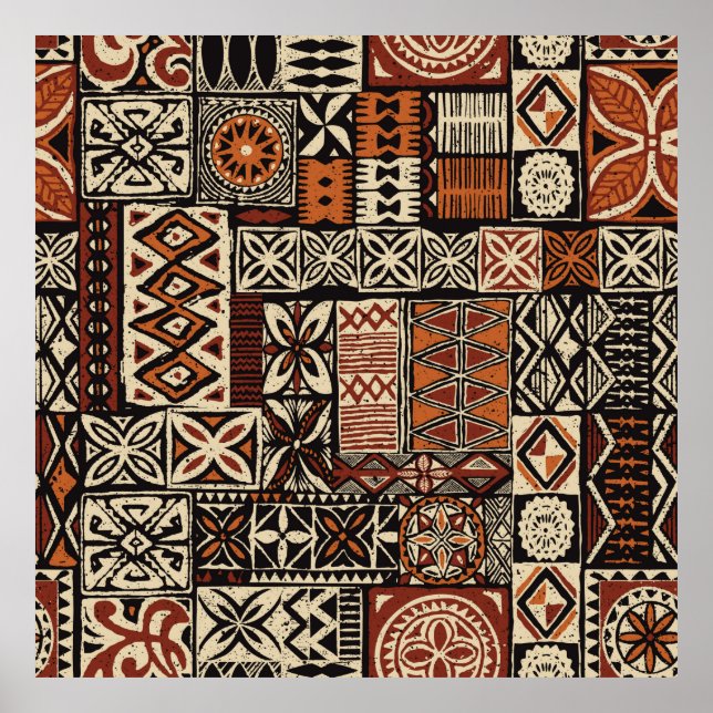 Affiche Tapa tissu tribal de style hawaïen abstrait patchw (Devant)